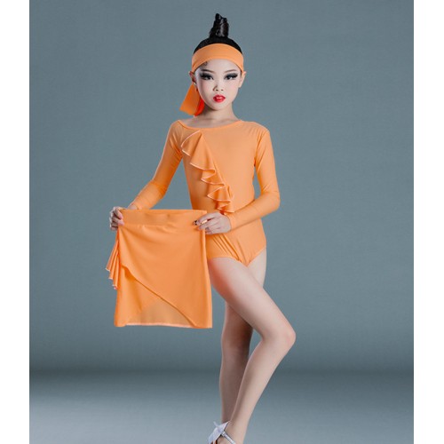 Girls kids mint orange colored latin dance dress stage performance latin dance costumes bodysuit top with slit skirts with headband for children